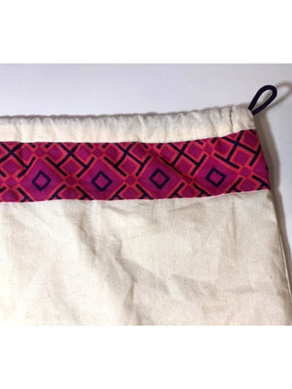 Tory Burch Large Canvas Dust Bag Magenta Geometric Trim Gold Logo Charm 22x21 - Picture 3 of 3